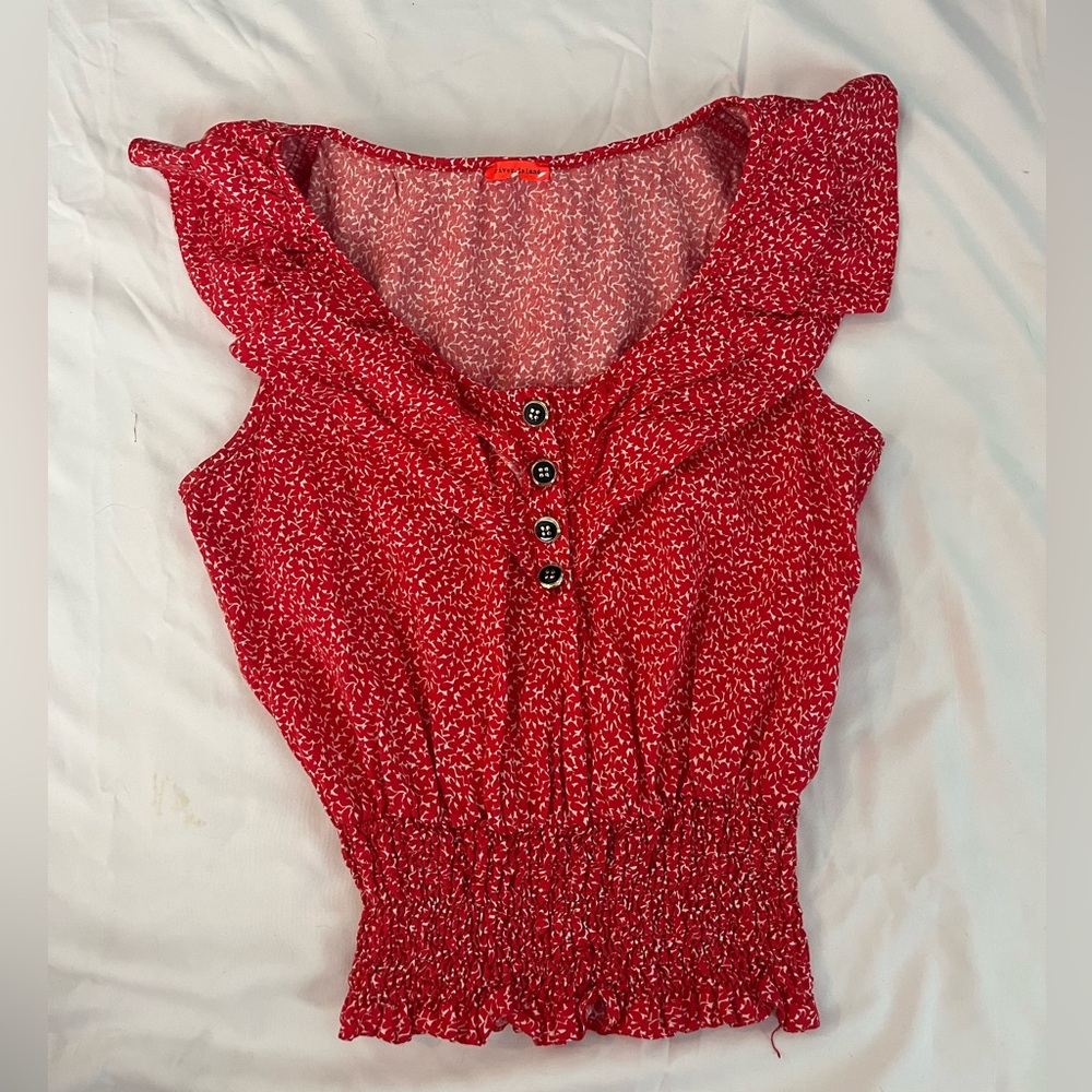 River Island Red Flutter Sleeve Blouse with Ruffled Smocked Design